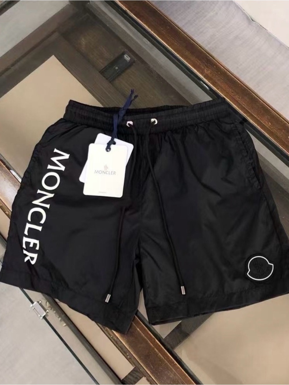 Moncler Black Men’s Swim Trunks with White Logo
